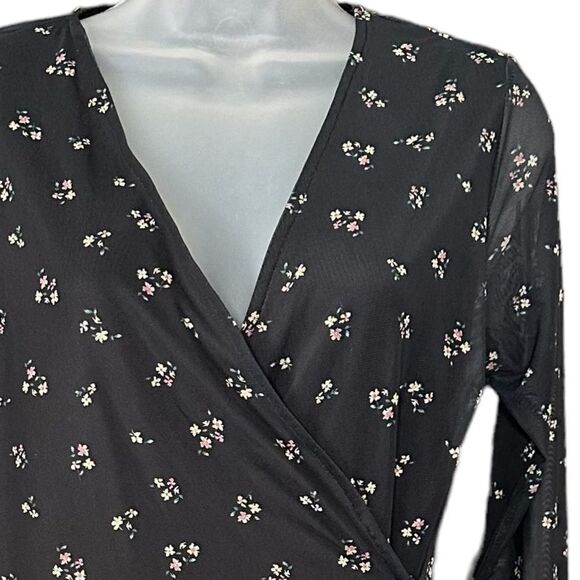 H&M Black Floral Fo Wrap Mini Deep Vee Long Sleeved Casual Summer Dress - Picture 2 of 4